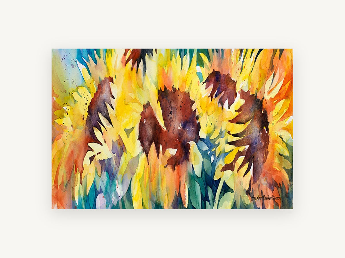 Sunflower Trio Glow, floral canvas wall art print, front view