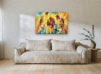 Sunflower Trio Glow floral canvas print on the wall of a living room