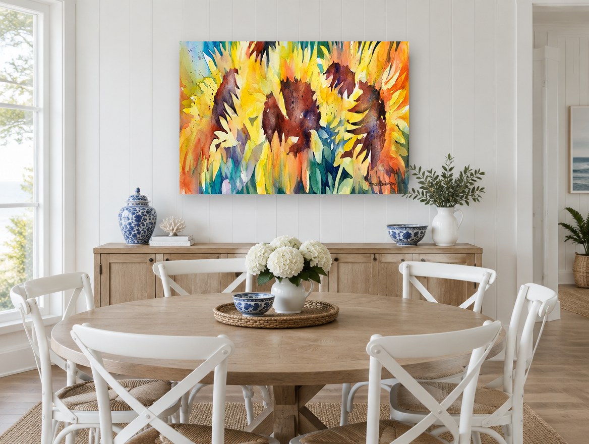 Sunflower Trio Glow floral canvas print on the wall of a Hamptons dining room