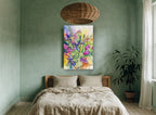 Iris and Tulip Bouquet floral canvas print on the wall of a bedroom