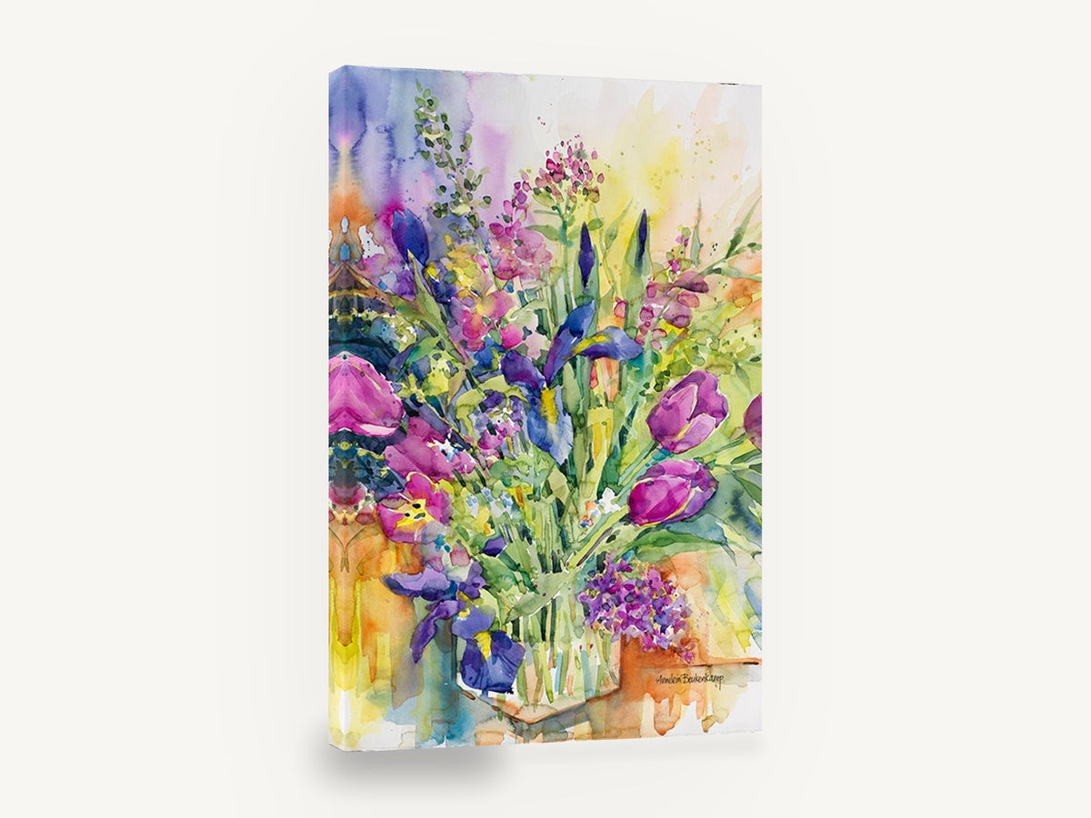 Iris and Tulip Bouquet, iris and tulip bouquet watercolour floral, floral canvas wall art print ready to hang