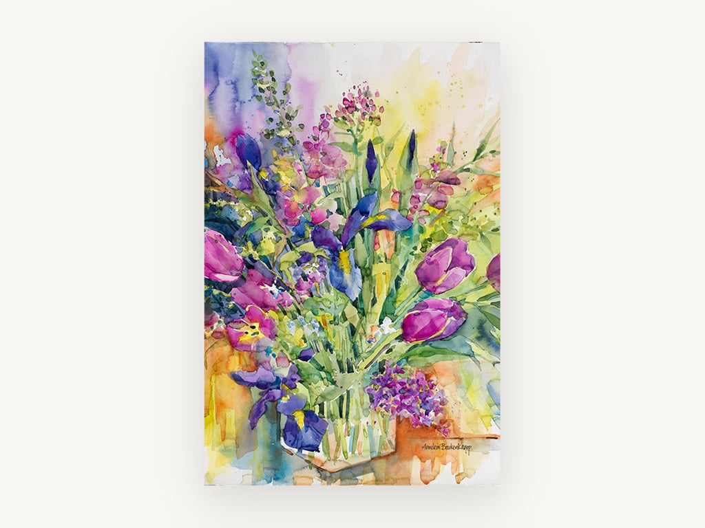 Iris and Tulip Bouquet, floral canvas wall art print, front view