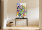 Iris and Tulip Bouquet floral canvas print on the wall of a hallway