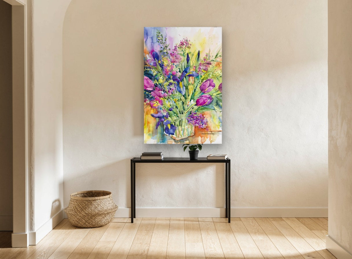 Iris and Tulip Bouquet floral canvas print on the wall of a hallway