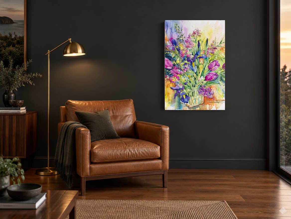 Iris and Tulip Bouquet floral canvas print on the wall of a charcoal living room