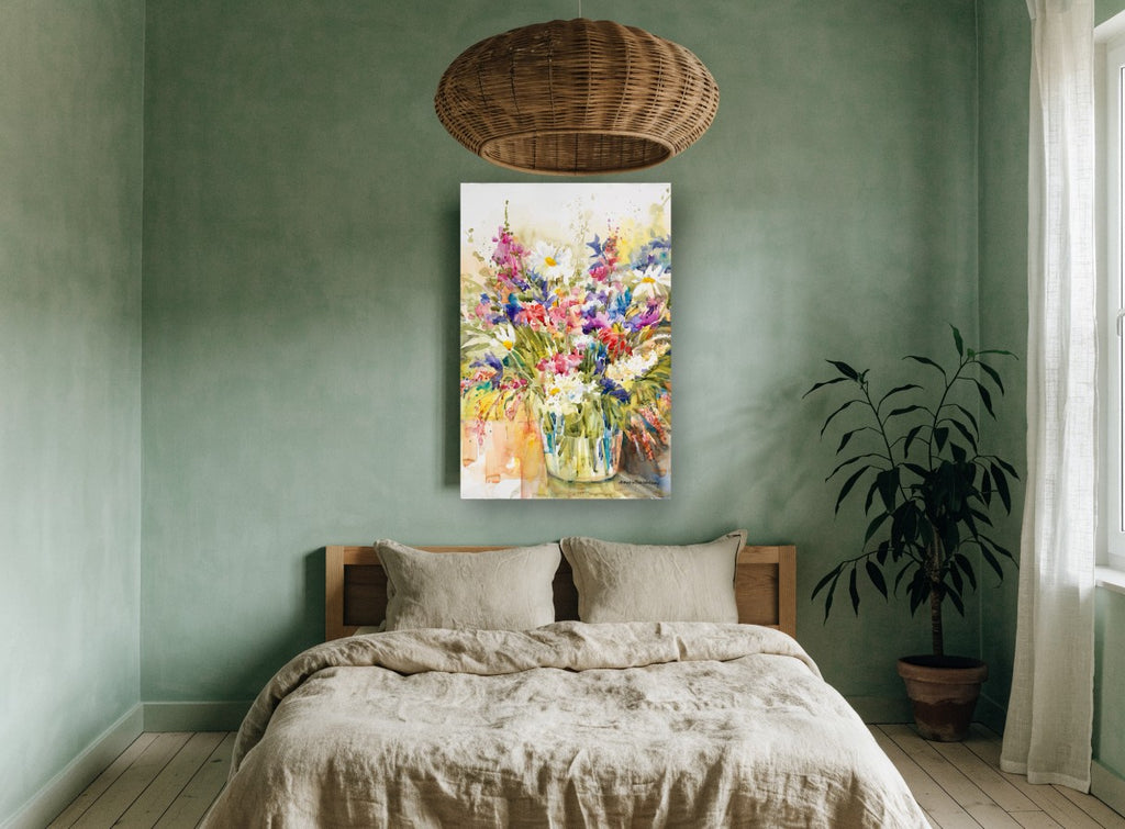 Wildflower Jar Burst floral canvas print on the wall of a bedroom