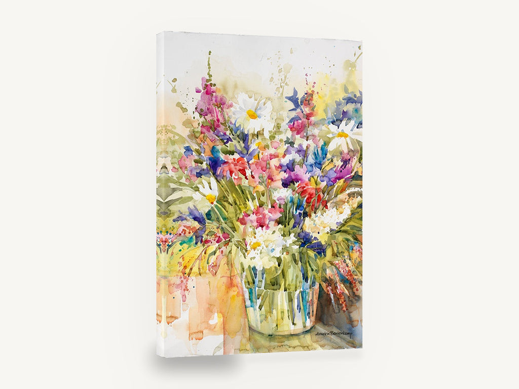 Wildflower Jar Burst, mixed wildflower bouquet watercolour floral, floral canvas wall art print ready to hang