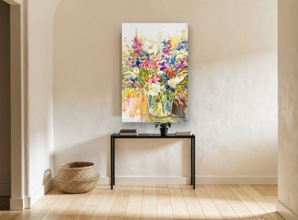 Wildflower Jar Burst floral canvas print on the wall of a hallway