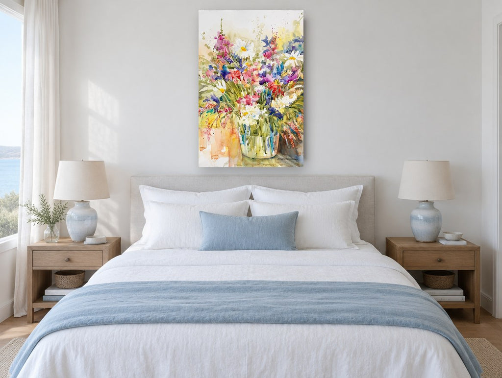 Wildflower Jar Burst floral canvas print on the wall of a coastal bedroom