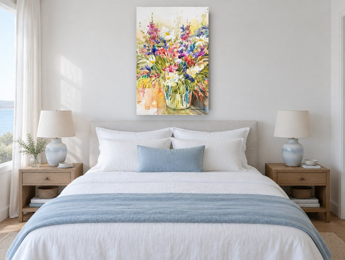 Wildflower Jar Burst floral canvas print on the wall of a coastal bedroom