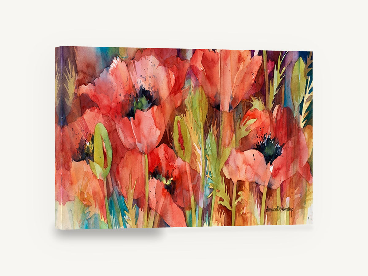 Poppy Field Glow, red poppies watercolour floral painting, floral canvas wall art print ready to hang