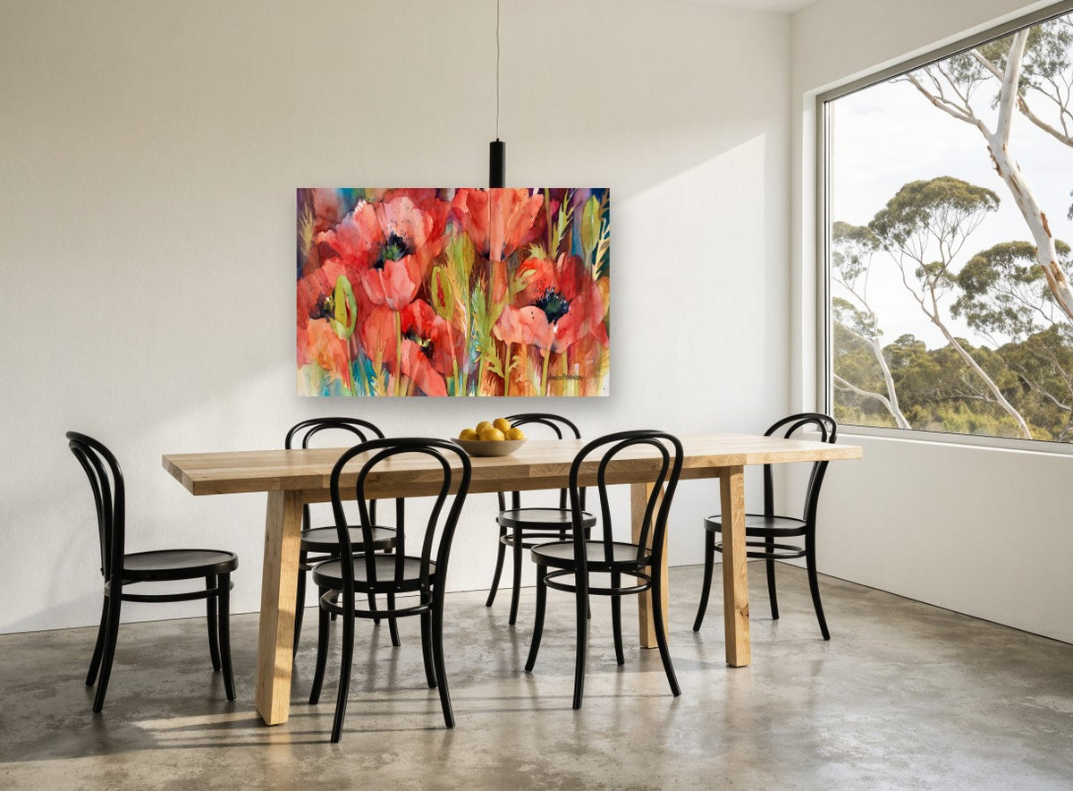 Poppy Field Glow floral canvas print on the wall of a dining room