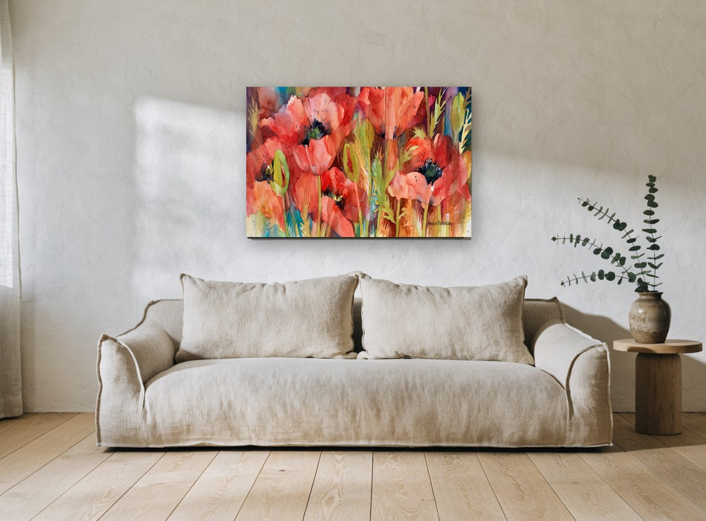 Poppy Field Glow floral canvas print on the wall of a living room