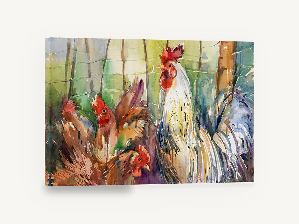 Rooster and Hens, rooster and hens watercolour, animal canvas wall art print ready to hang