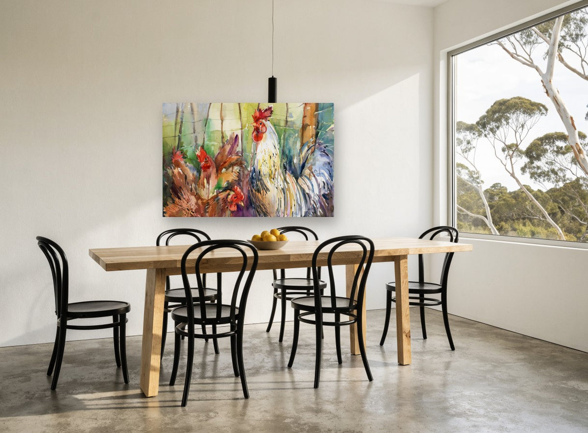 Rooster and Hens animal canvas print on the wall of a dining room