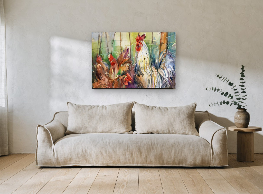 Rooster and Hens animal canvas print on the wall of a living room