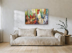 Rooster and Hens animal canvas print on the wall of a living room