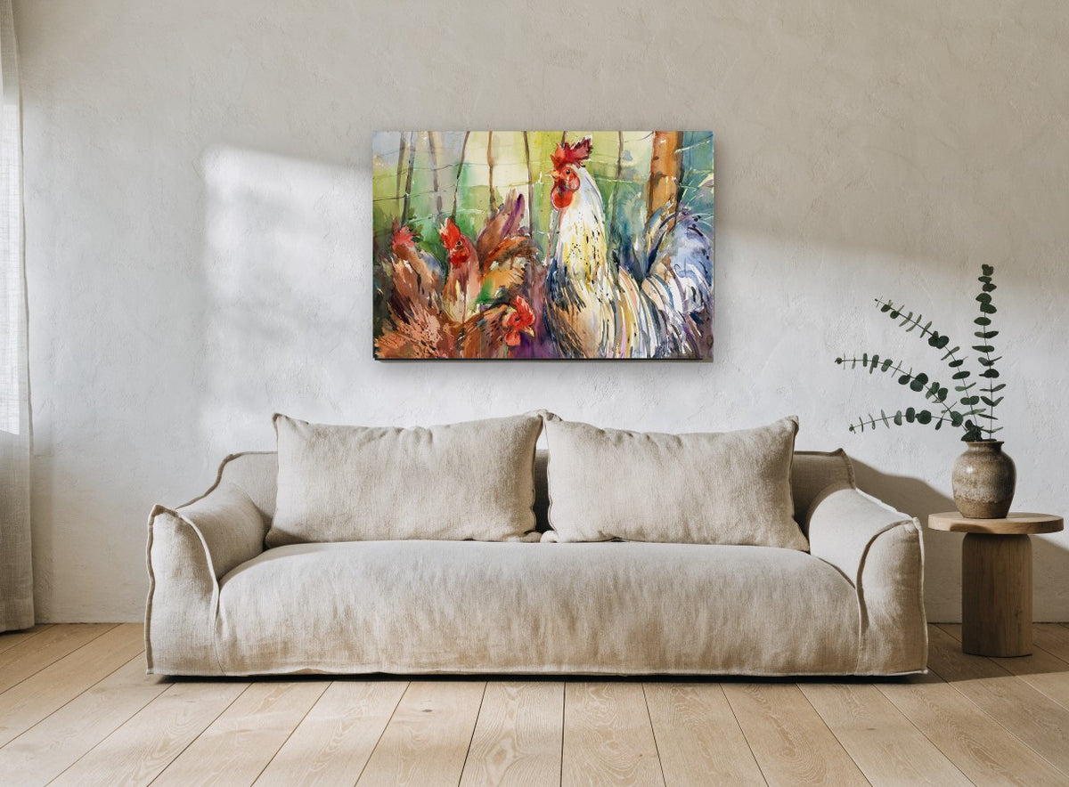 Rooster and Hens animal canvas print on the wall of a living room