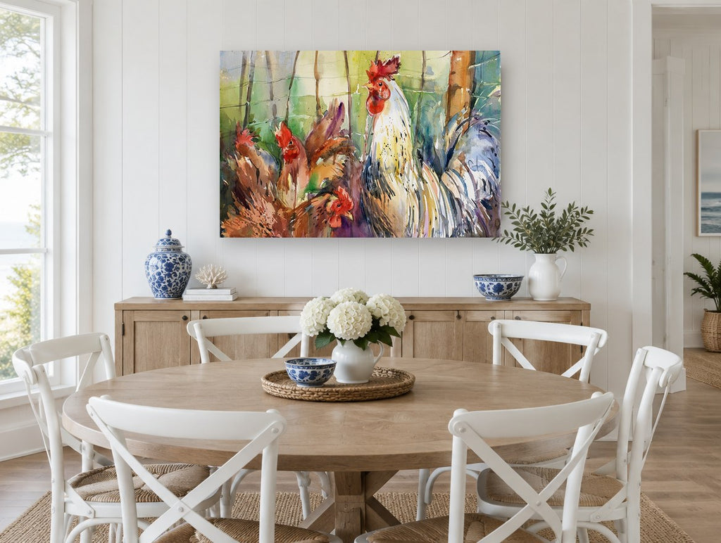 Rooster and Hens animal canvas print on the wall of a Hamptons dining room