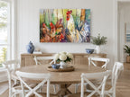 Rooster and Hens animal canvas print on the wall of a Hamptons dining room