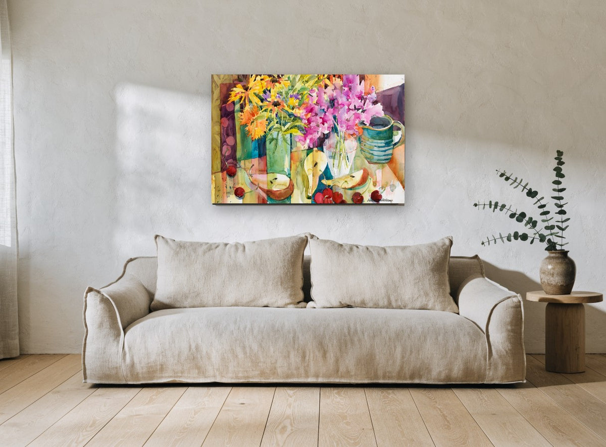 Cherries and Pink Blooms floral canvas print on the wall of a living room
