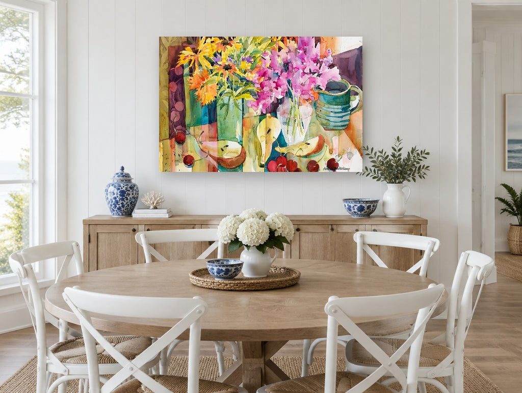 Cherries and Pink Blooms floral canvas print on the wall of a Hamptons dining room