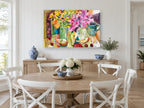 Cherries and Pink Blooms floral canvas print on the wall of a Hamptons dining room