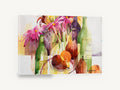 Pears and Pink Blooms, pink cosmos pears bottles watercolour, floral canvas wall art print ready to hang