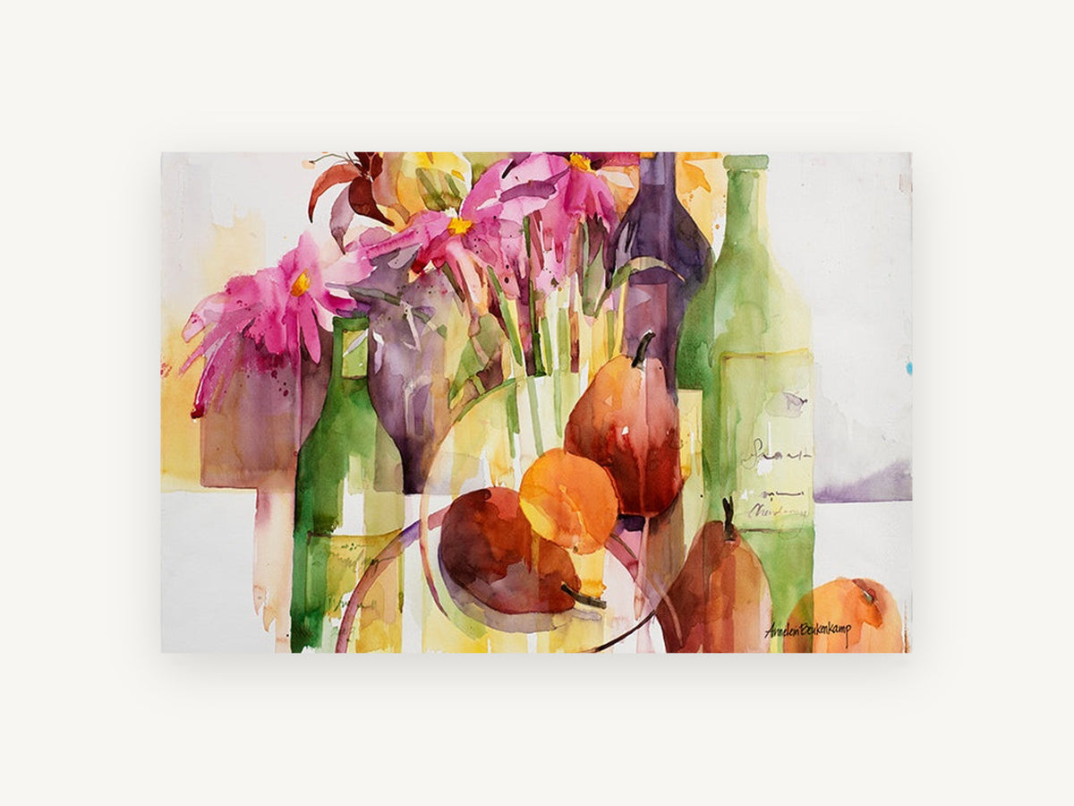 Pears and Pink Blooms, floral canvas wall art print, front view