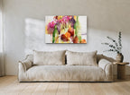 Pears and Pink Blooms floral canvas print on the wall of a living room