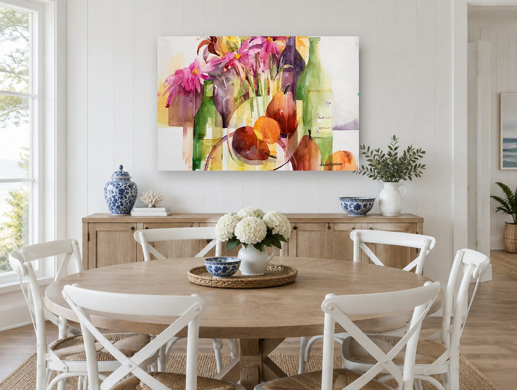 Pears and Pink Blooms floral canvas print on the wall of a Hamptons dining room