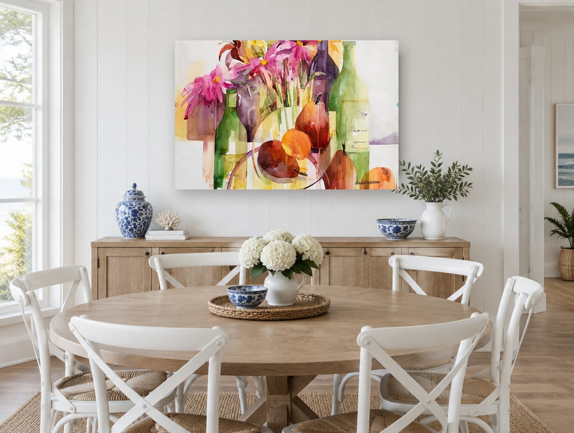 Pears and Pink Blooms floral canvas print on the wall of a Hamptons dining room