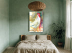 Crowing White Rooster animal canvas print on the wall of a bedroom