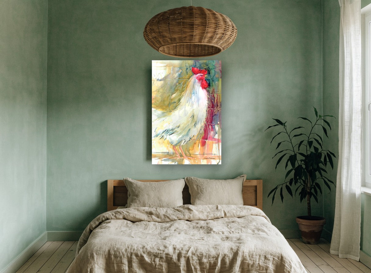Crowing White Rooster animal canvas print on the wall of a bedroom