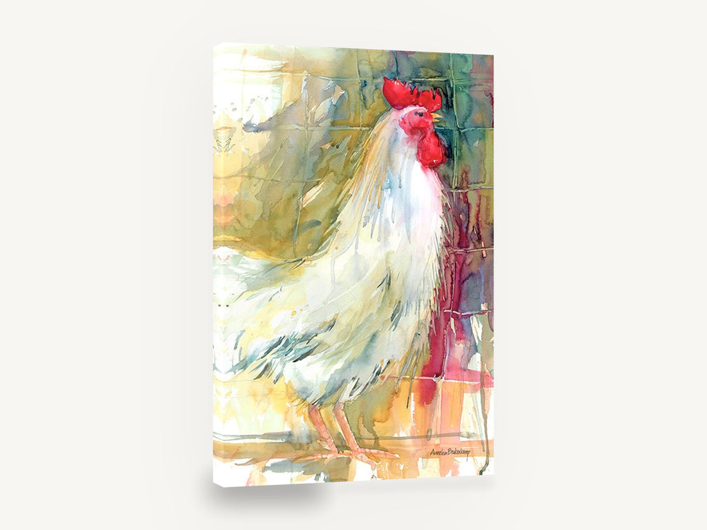 Crowing White Rooster, white rooster watercolour portrait, animal canvas wall art print ready to hang