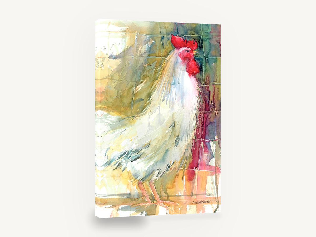 Crowing White Rooster, white rooster watercolour portrait, animal canvas wall art print ready to hang