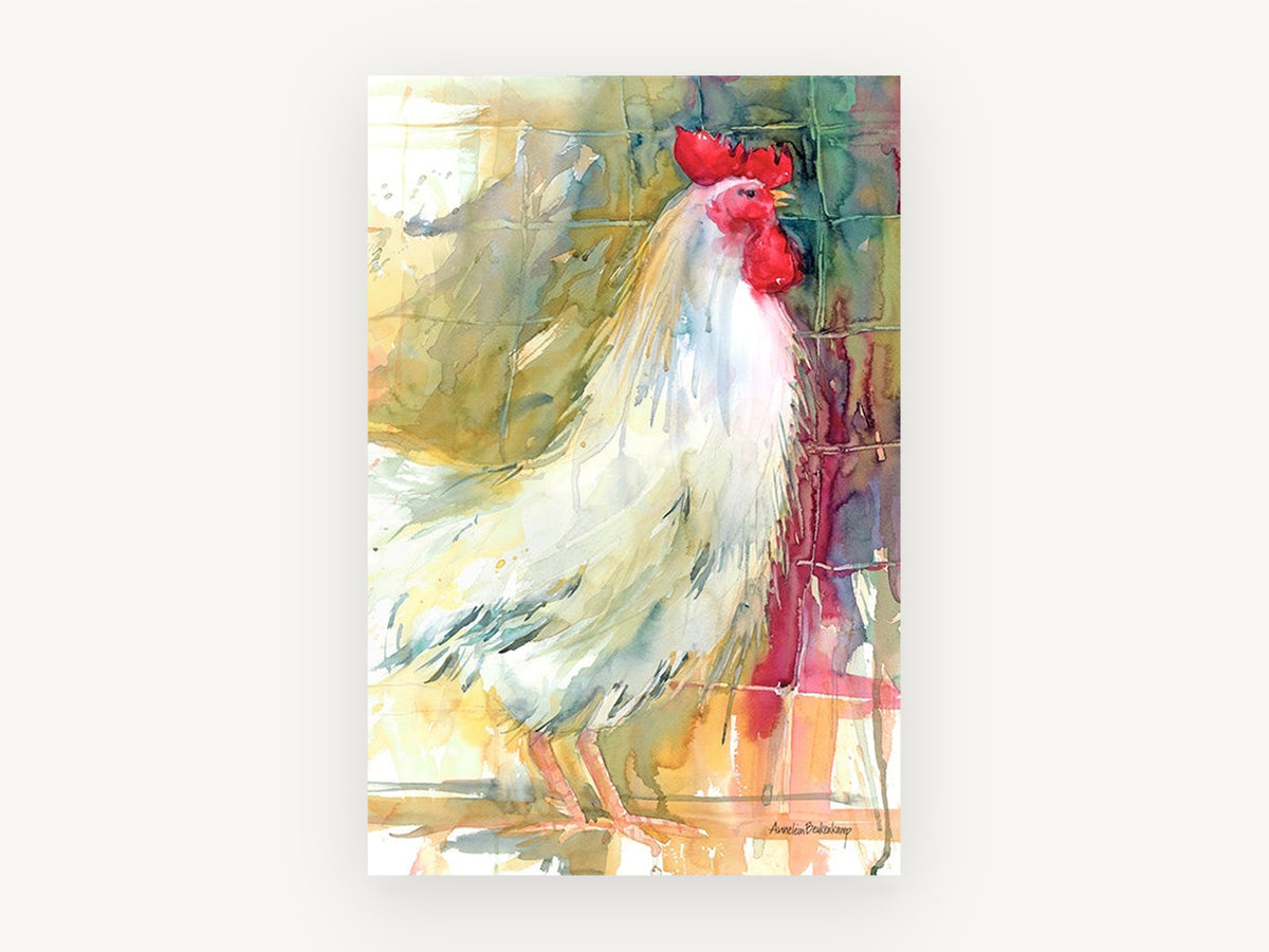 Crowing White Rooster, white rooster watercolour portrait, animal canvas wall art print, front view