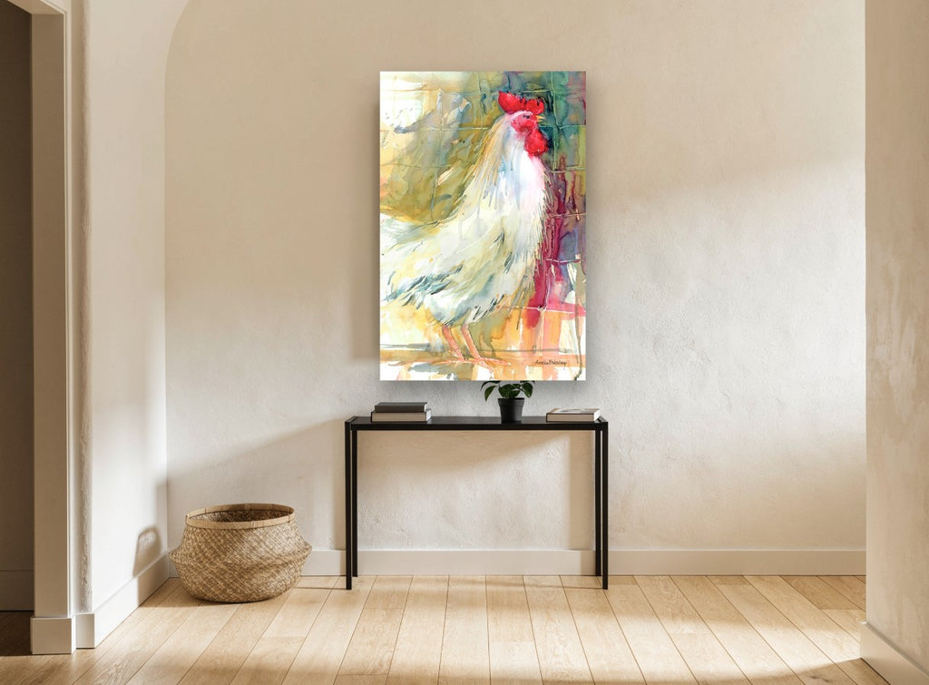 Crowing White Rooster animal canvas print on the wall of a hallway