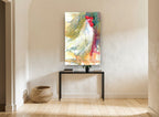 Crowing White Rooster animal canvas print on the wall of a hallway