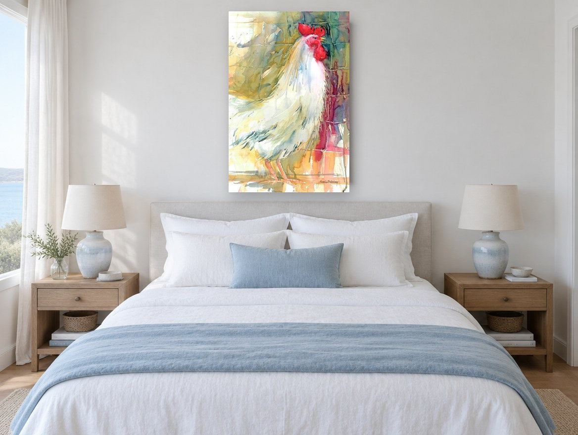 Crowing White Rooster animal canvas print on the wall of a bedroom
