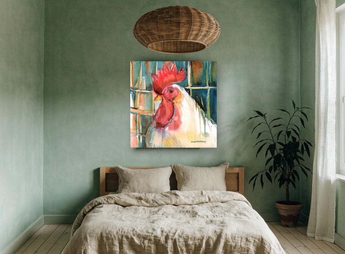 White Rooster Profile animal canvas print on the wall of a bedroom