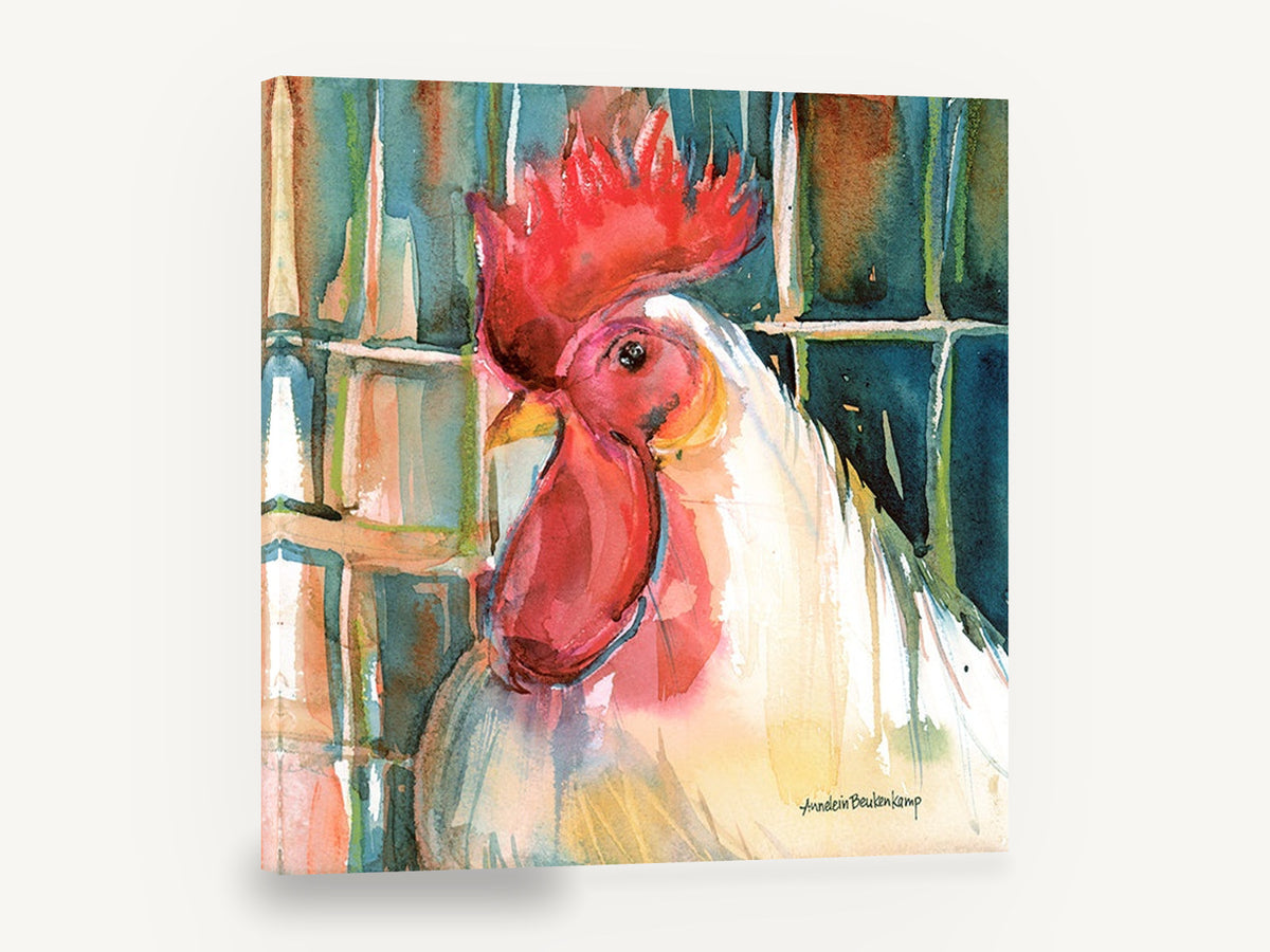 White Rooster Profile, white rooster watercolour portrait, animal canvas wall art print ready to hang