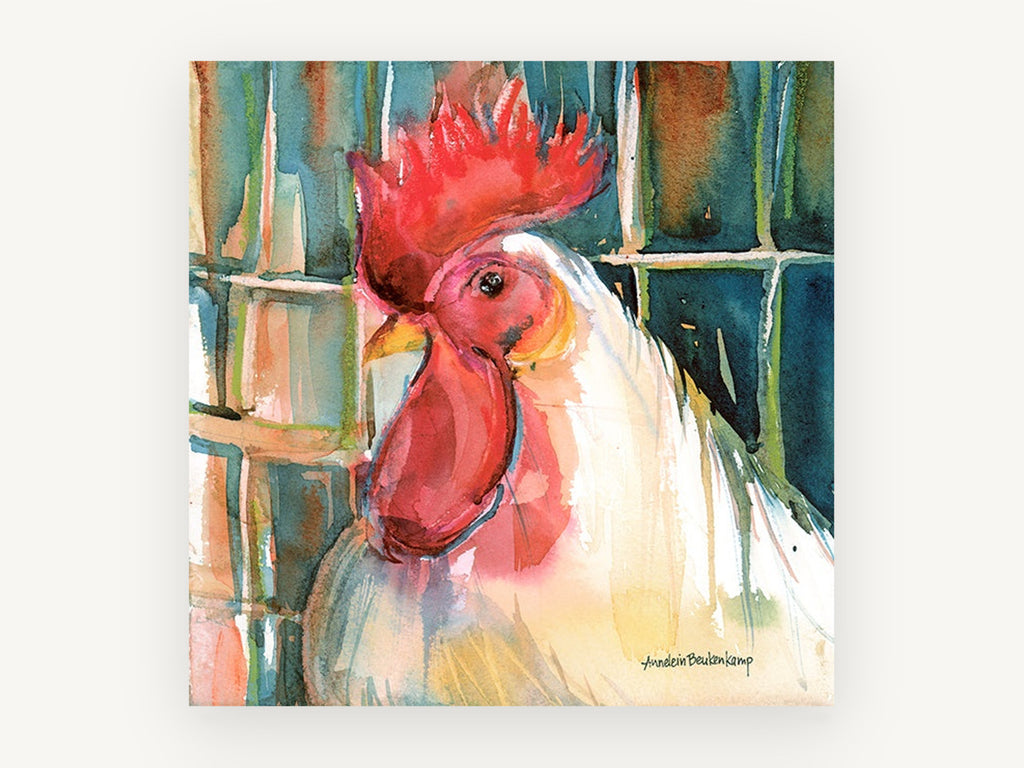 White Rooster Profile, white rooster watercolour portrait, animal canvas wall art print, front view