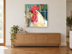 White Rooster Profile animal canvas print on the wall of a living room above a sideboard