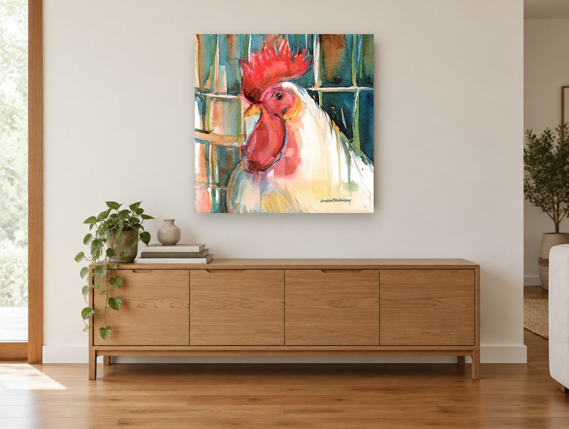 White Rooster Profile animal canvas print on the wall of a living room above a sideboard