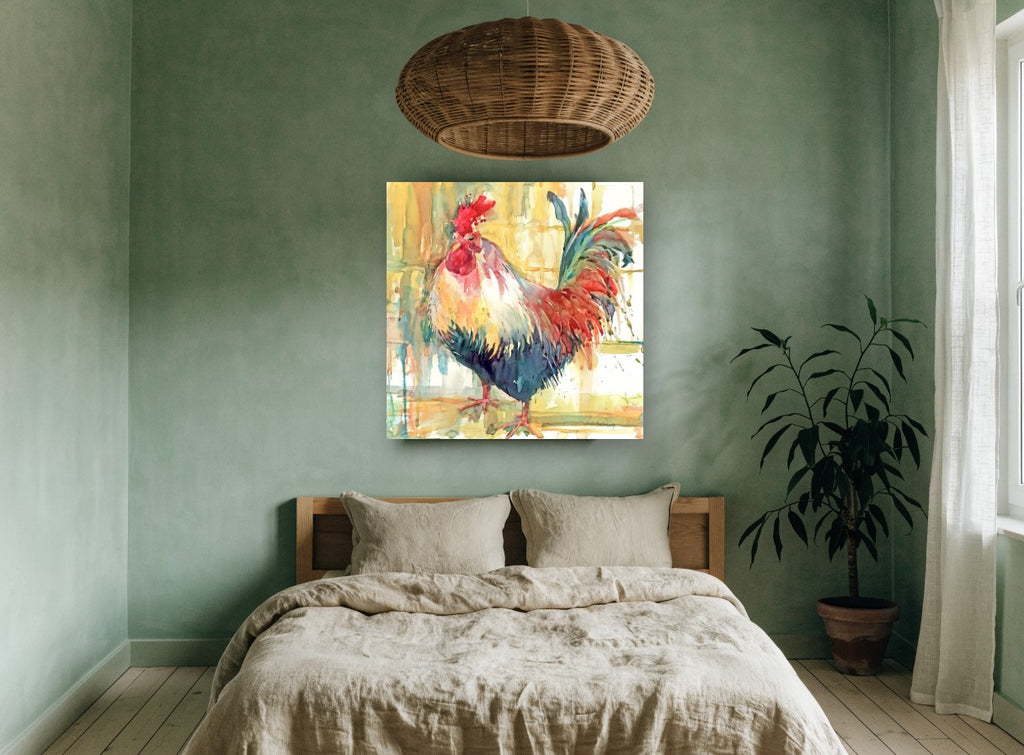 Strutting Watercolour Rooster animal canvas print on the wall of a bedroom