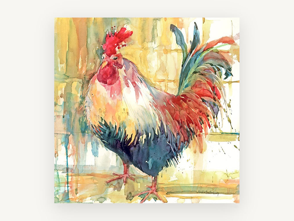 Strutting Watercolour Rooster, rooster watercolour farm bird, animal canvas wall art print, front view