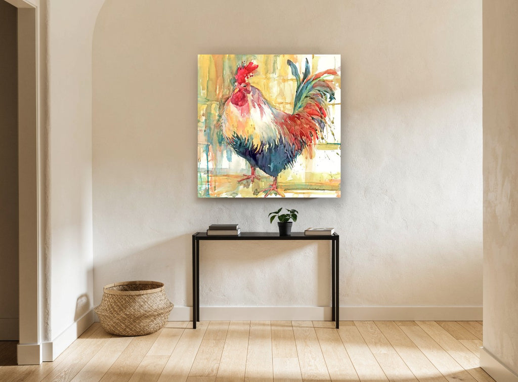 Strutting Watercolour Rooster animal canvas print on the wall of a hallway