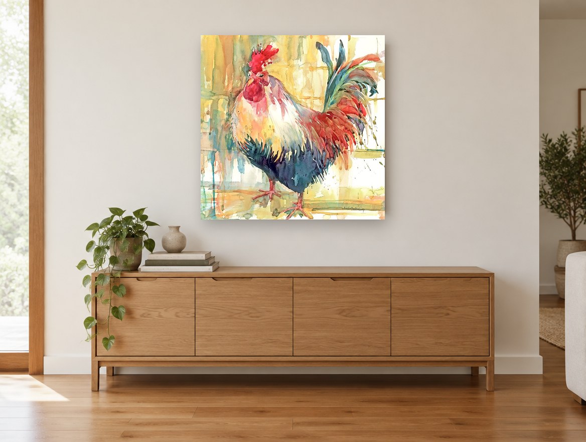 Strutting Watercolour Rooster animal canvas print on the wall of a living room above a sideboard