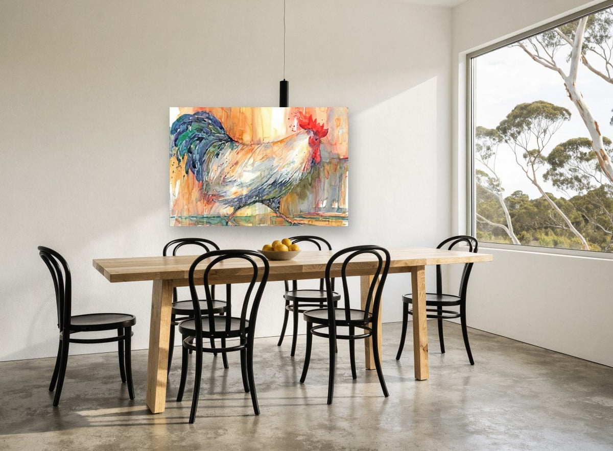 Rooster on the Move animal canvas print on the wall of a dining room